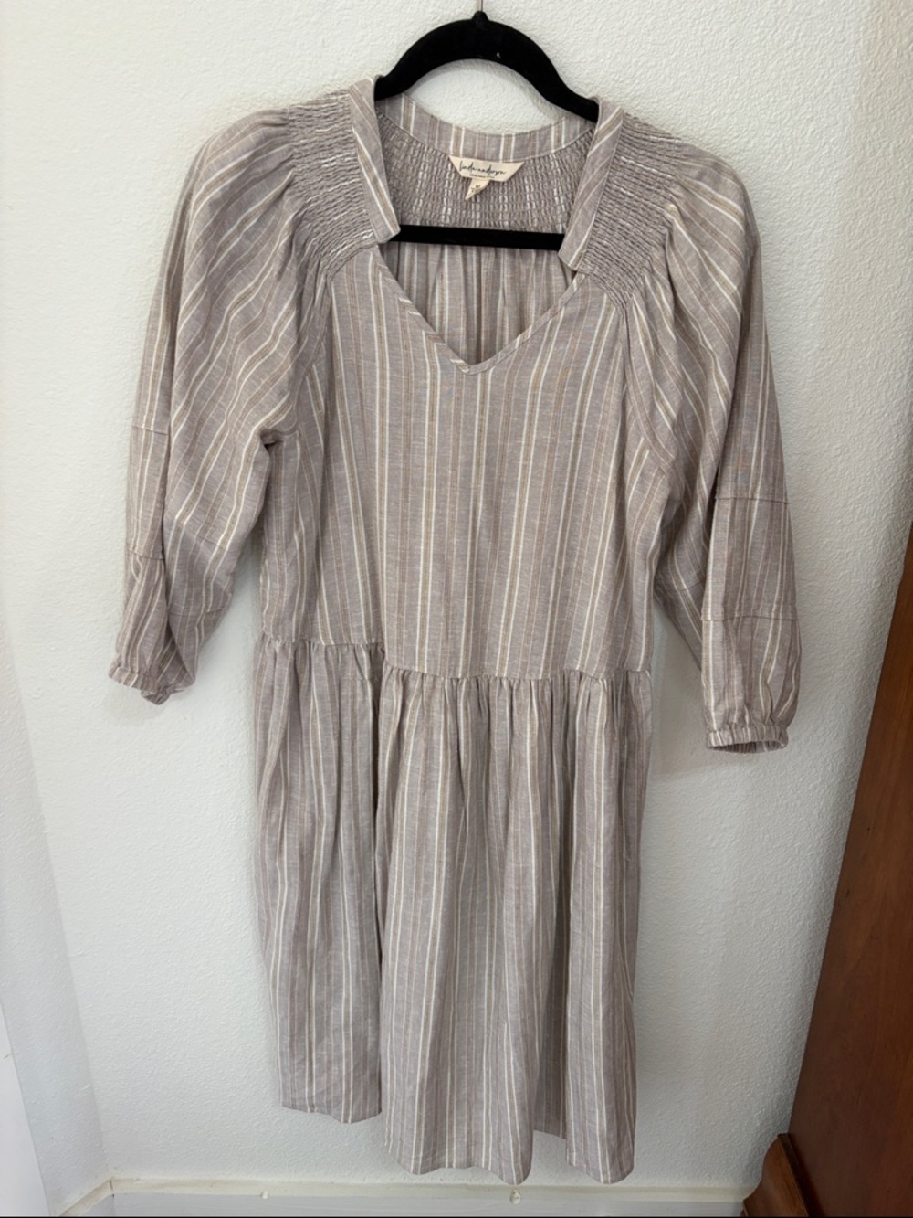 Light Taupe Striped V-Neck Midi Dress